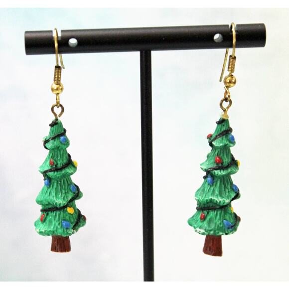 Green Polymer Christmas Tree Drop Earrings E112 - Picture 2 of 3